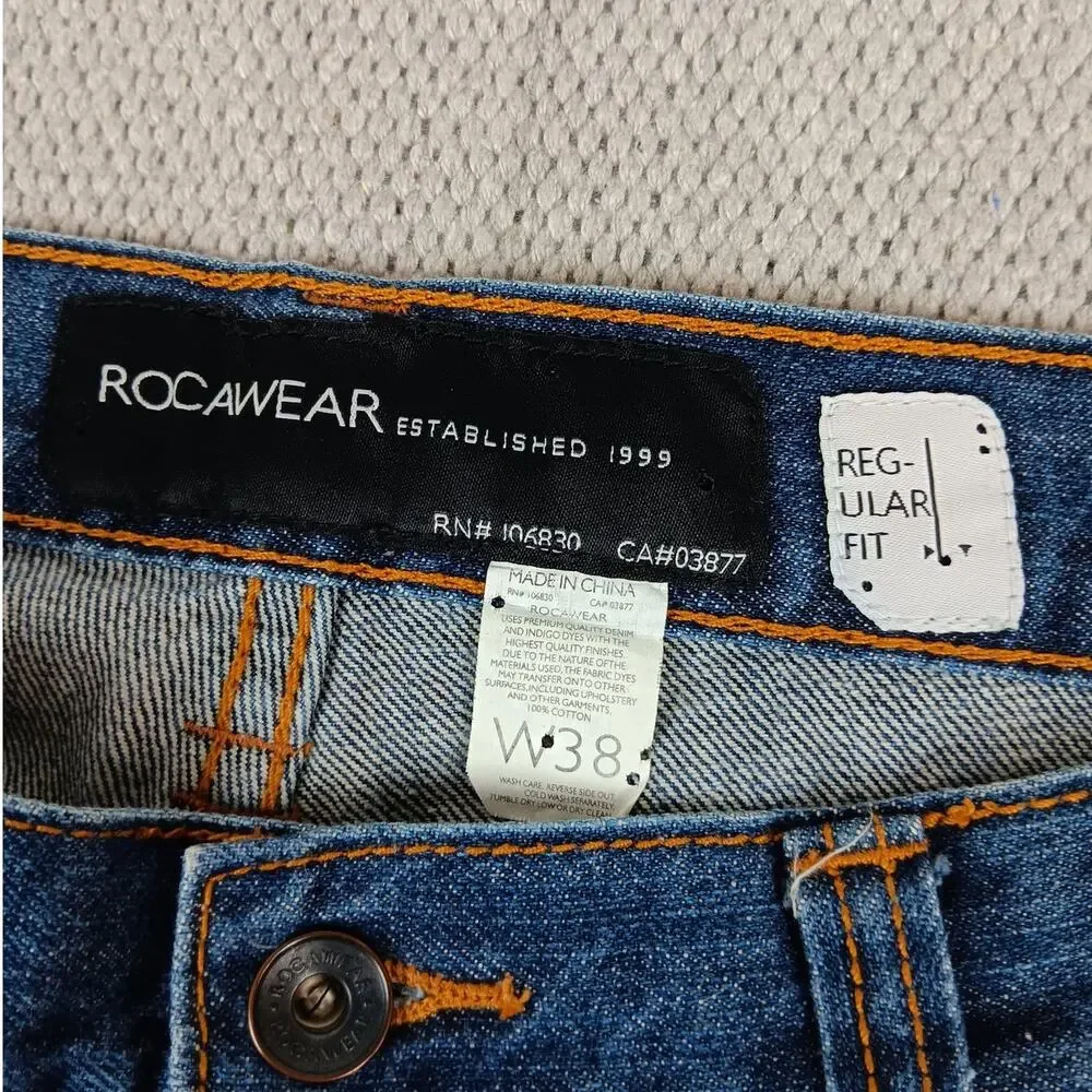 Rocawear Vintage Jeans Mens 38X32 Dark Wash Wide‎ Leg Embroidered Logo Street
